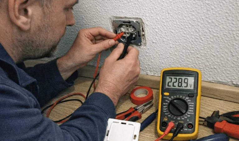 Elektriker installiert neue Wandsteckdose bei der Elektro-Modernisierung in einem Wohnhaus in Dillweißenstein.