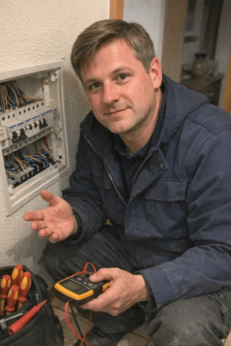 Freundlicher und erfahrener Elektrotechniker bei der Beratung eines Kunden vor Ort