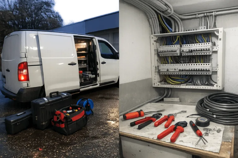 Elektro-Notdienstfahrzeug und saubere Elektroinstallation im Innenraum