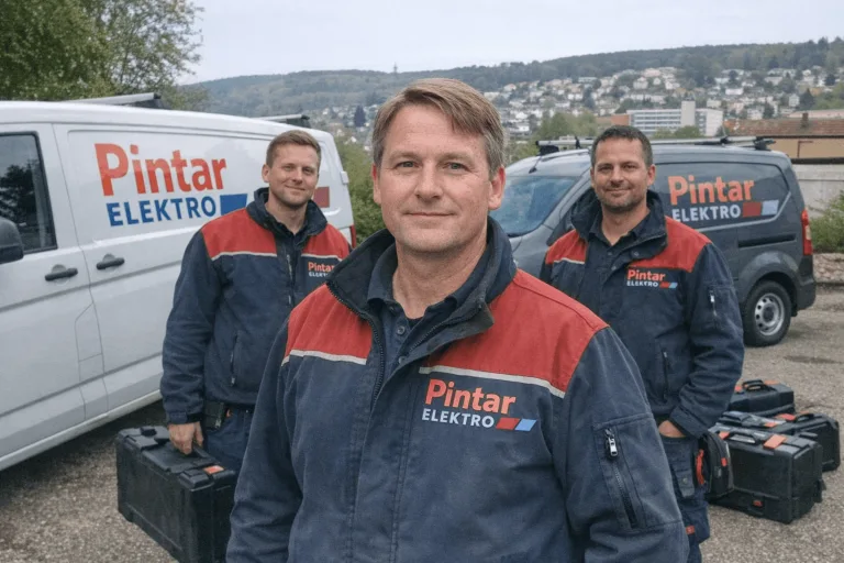 Pintar Elektro Team steht neben gebrandeten Servicefahrzeugen im Freien in Pforzheim.