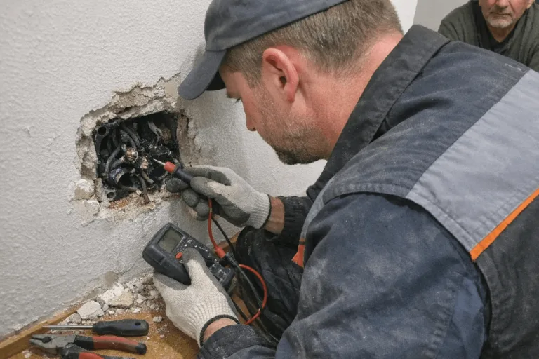 Geöffnete Abzweigdose nach Reparatur mit sicher angeschlossenen Leitungen und sichtbaren WAGO-Klemmen.