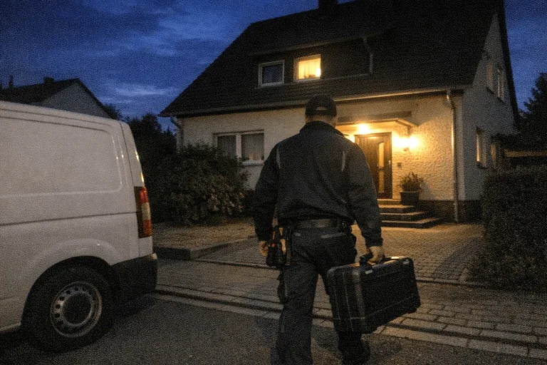 Elektriker kommt nachts zu einem beleuchteten Haus in Pforzheimer Ortsteilen.