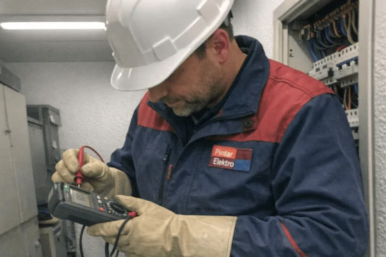 Elektriker in Arbeitskleidung und Schutzausrüstung prüft eine Elektroinstallation in einem Innenraum