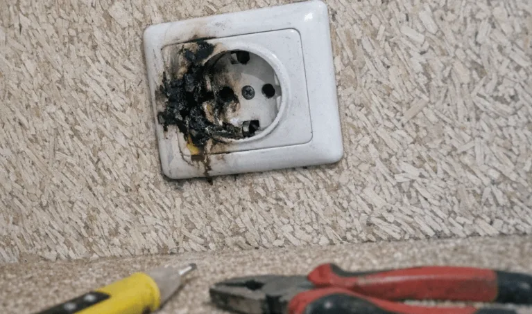 Überprüfung eines alten Sicherungskastens auf Brandspuren und Verschmorungen durch den Elektriker