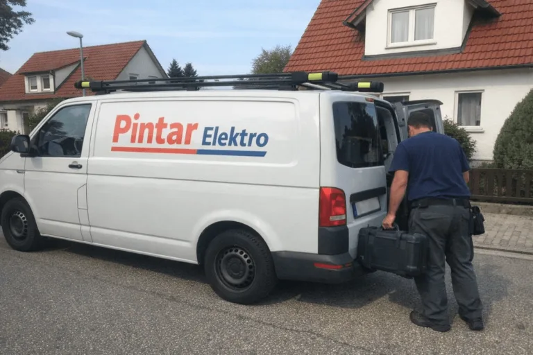Servicewagen eines Elektrikers fährt durch eine Wohnstraße in Eutingen zu einem Elektroauftrag.