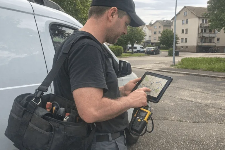 Servicefahrzeug eines Elektrikers vor einer weiten Ansicht der Region Pforzheim