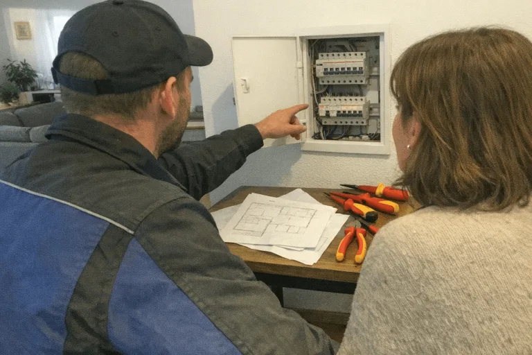 Elektriker berät Hausbesitzer zur Elektroinstallation in Wohnhaus in Pforzheim.
