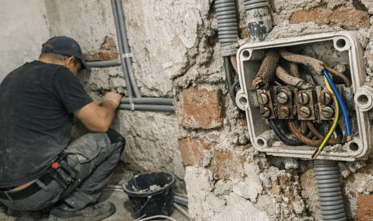 Geöffnete Wand mit spröden stoffisolierten Altbaukabeln neben moderner, sicher verlegter Elektroverkabelung.
